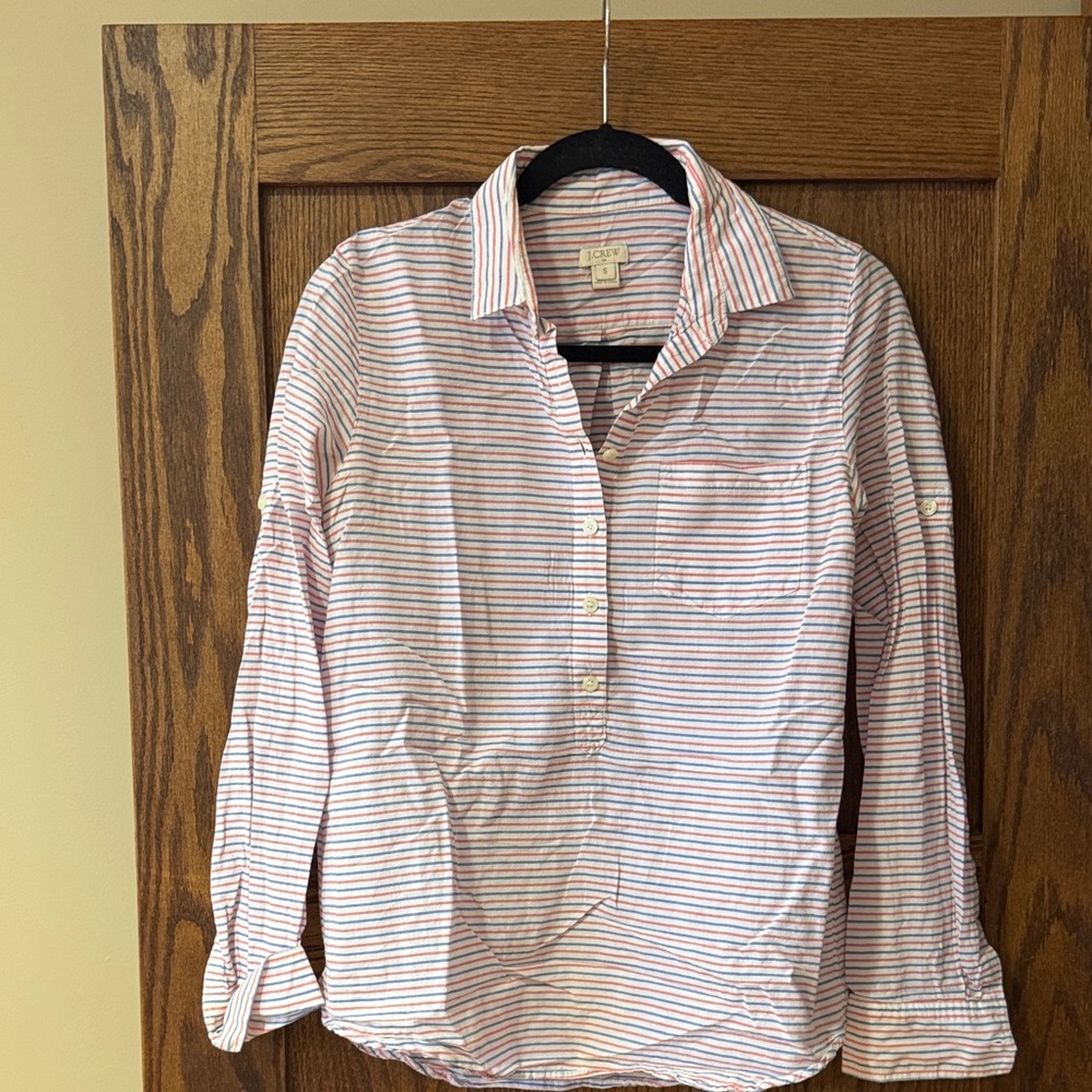 J. Crew Lightweight Striped Button-Front Shirt in White, Blue and Red